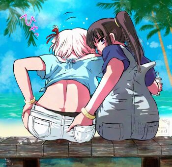 2girls ass black_hair black_pants blonde_hair blue_shirt bracelet commentary_request expressionless from_behind good_ass_day hand_in_another's_pocket inoue_takina jewelry komari_(komarimiru3) long_hair looking_at_viewer looking_back lycoris_recoil multiple_girls nishikigi_chisato on_bench palm_tree panties pants panty_peek ponytail shirt short_hair sitting tree underwear