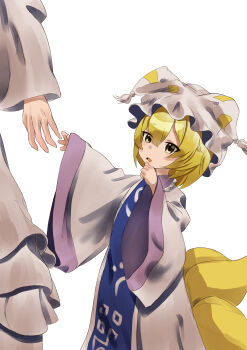 2girls absurdres aged_down animal_ear_headwear animal_hat arm_up blonde_hair blue_tabard child commentary dress fake_animal_ears fox_girl fox_tail frilled_hat frills hair_between_eyes hat highres kanilevel long_sleeves looking_at_another mob_cap multiple_girls multiple_tails out_of_frame reaching reaching_towards_another simple_background tabard tail touhou white_background white_dress white_hat wide_sleeves yakumo_ran yakumo_yukari yellow_eyes