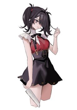 1girl :/ ame-chan_(needy_girl_overdose) bebe_(bebe_pp) black_eyes black_hair bored commentary contrapposto cowboy_shot diagonal_bangs hair_ornament highres holding holding_knife knife neck_ribbon needy_girl_overdose parted_lips playing_with_own_hair red_shirt ribbon shirt short_twintails sidelocks skirt solo suspender_skirt suspenders twintails winged_sleeves x_hair_ornament