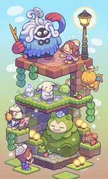 1boy 1girl alternate_color alternate_form berry_(pokemon) blue_fire blush blush_stickers brick_floor brick_wall broken_eyewear brown_hair candle chibi chibi_only claws closed_eyes closed_mouth crack disc ditto dragonite droopy_ears ears_down easel fangs female_protagonist_(pokemon_pokopia) fire flower flower_on_head flying full_body gen_1_pokemon gen_2_pokemon gen_3_pokemon gen_4_pokemon gen_5_pokemon glasses grass gulpin hat highres holding holding_own_tail holding_stick horns kayama_taiga lamppost leppa_berry litwick long_hair male_protagonist_(pokemon_pokopia) moss mosslax mushroom nintendo open_mouth paint paint_on_body painting_(action) pants paras peakychu pikachu plant pokemon pokemon_(creature) pokemon_focus pokemon_pokopia professor_tangrowth purple_fire purple_shirt round_eyewear shirt shoes short_sleeves single_horn smeargle smearguru smile snorlax stick tail tangrowth tm_(pokemon) transformed_ditto twintails vines white_hat wings yellow_eyes yellow_shoes