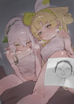 1boy 2girls blonde_hair blue_archive bow crossover doodle_sensei_(blue_archive) ffm_threesome genshin_impact green_eyes green_hair group_sex hair_bow hairband heart heart-shaped_pupils hetero highres loli multicolored_hair multiple_girls nahida_(genshin_impact) pointy_ears pov sensei_(blue_archive) sex shirt sidelocks sleeveless sleeveless_shirt symbol-shaped_pupils threesome two-tone_hair vaginal verina_(wuthering_waves) white_hair white_shirt wuthering_waves xaea_xp