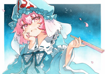 Rule 34 | 1girl, blue background, blue hat, blue kimono, blue ribbon, blue theme, blush, falling petals, folded fan, folding fan, frilled kimono, frills, hand fan, hand on own face, hat, highres, holding, holding fan, japanese clothes, kimono, long sleeves, looking at viewer, medium hair, mob cap, open mouth, petals, pink eyes, pink hair, pink petals, ribbon, rinka (qqqrinkappp), saigyouji yuyuko, sleeve garter, smile, solo, touhou, traditional media, triangular headpiece