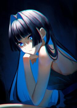 1girl absurdres bare_arms bare_legs bare_shoulders black_hair blue_dress blue_eyes blue_hair blunt_bangs breasts colored_inner_hair commentary dress elbow_rest expressionless hair_intakes hashtag-only_commentary head_rest highres hololive hololive_english large_breasts looking_at_viewer multicolored_hair orianareii ouro_kronii sitting sleeveless sleeveless_dress solo two-tone_hair virtual_youtuber