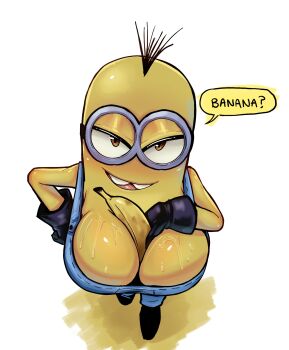 Rule 34 | 1girl, absurdres, banana, black gloves, black hair, blue overalls, breasts, brown eyes, cleavage, colored skin, commentary, despicable me, english commentary, english text, food, food between breasts, from above, fruit, genderswap, genderswap (mtf), gloves, goggles, hand on own hip, highres, large breasts, looking at viewer, looking up, minion (despicable me), open mouth, overalls, solo, somedivs, sweat, teeth, white background, yellow skin