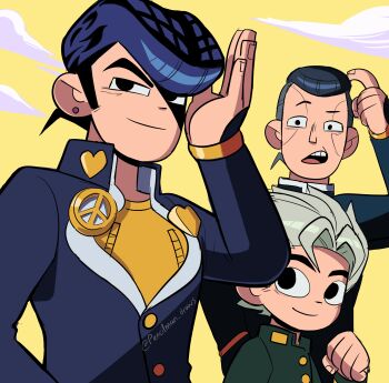 3boys absurdres black_eyes black_hair blue_hair commentary diamond_wa_kudakenai earrings facial_mark gakuran grey_hair heart higashikata_josuke highres hirose_koichi jewelry jojo_no_kimyou_na_bouken male_focus multiple_boys nijimura_okuyasu parody peace_symbol pencilman_draws pompadour school_uniform scott_pilgrim_(series) stud_earrings style_parody undercut