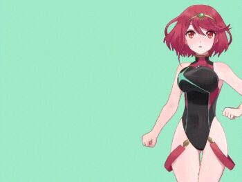 1girl animated animated_gif bad_id bad_twitter_id bob_cut bouncing_breasts breasts competition_swimsuit fight_ippatsu!_juuden-chan!! gif_artifacts green_background looking_at_viewer one-piece_swimsuit open_mouth parody pyra_(pro_swimmer)_(xenoblade) pyra_(xenoblade) red_eyes red_hair running short_hair simple_background solo swimsuit tiara xenoblade_chronicles_(series) xenoblade_chronicles_2 yutoma_52