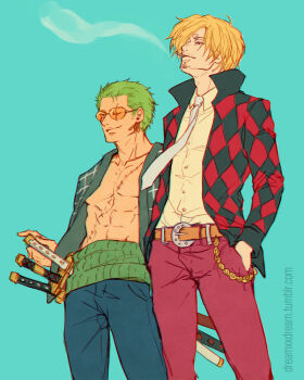 Rule 34 | 2boys, blonde hair, blue background, cigarette, commentary, cowboy shot, curly eyebrows, dreamxxdream, facial hair, goatee, green hair, hands in pockets, haramaki, looking ahead, male focus, multiple boys, one piece, one piece film: z, roronoa zoro, sanji (one piece), scar, scar across eye, scar on face, smile, stitched torso, stitches, sunglasses, tumblr username