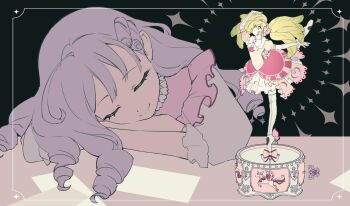 Rule 34 | 1girl, character doll, closed eyes, closed mouth, commentary request, doll, drill hair, facing viewer, falulu, green hair, grey hair, head rest, highres, leg up, long hair, pretty series, pripara, shikyoin hibiki, sleeping, smile, solo, split, standing, standing on one leg, standing split, twintails, upper body, yuzu (ppy92000)