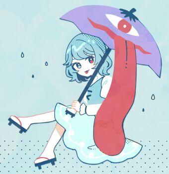 Rule 34 | 1girl, :p, blue background, blue eyes, blue hair, blue skirt, blue vest, commentary request, geta, heterochromia, holding, holding umbrella, juliet sleeves, karakasa obake, long sleeves, mozukuzu (manukedori), puffy sleeves, purple umbrella, red eyes, shirt, skirt, solo, tatara kogasa, tongue, tongue out, touhou, umbrella, vest, white shirt