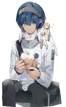 Rule 34 | 1boy, 1girl, barefoot, black pants, blue eyes, blush, buttons, closed eyes, closed mouth, dark-skinned male, dark skin, eating, fairy, food, gallica (metaphor: refantazio), grey background, grey hairband, hair over one eye, hairband, heterochromia, highres, holding, holding food, jacket, kadano 02, leotard, looking at another, metaphor: refantazio, mini person, minigirl, one eye covered, orange hair, pants, pointy ears, protagonist (metaphor: refantazio), simple background, sitting on shoulder, size difference, smile, white jacket, yellow eyes