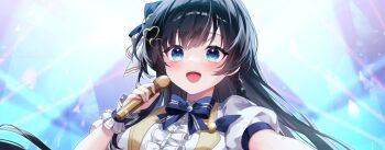 1girl black_hair blue_bow blue_bowtie blue_eyes blue_ribbon bow bowtie braid center_frills commentary_request commission dabi_(15dldl15) frills hair_ornament hair_ribbon heart heart_hair_ornament highres holding holding_microphone korean_commentary microphone open_mouth puffy_short_sleeves puffy_sleeves ribbon shirayuki_hina shirt short_sleeves solo stellive teeth upper_teeth_only virtual_youtuber white_ribbon white_shirt white_wrist_cuffs wrist_cuffs