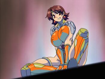 1girl angel_blade arm_guards armor bodysuit breasts brown_eyes brown_hair clothing_cutout covered_erect_nipples curvy earrings gradient_background highres huge_breasts huge_filesize jewelry karin_(angel_blade) legs_apart oobari_masami orange_bodysuit pauldrons puffy_nipples red_eyes resized screencap shiny_skin short_hair shoulder_armor sitting smile solo thighhighs upscaled