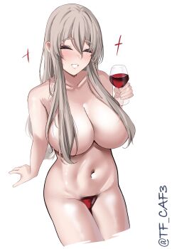 1girl absurdres alcohol blush breasts closed_eyes covered_erect_nipples cropped_legs cup drinking_glass drunk grey_hair hair_between_eyes highres kantai_collection large_breasts long_hair looking_at_viewer nude one-hour_drawing_challenge open_mouth pola_(kancolle) simple_background sitting smile solo sparkle tf_cafe thick_eyebrows twitter_username wakamezake wavy_hair white_background wine