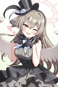 1girl black_dress black_gloves black_hairband black_hat blue_archive blush breasts brown_eyes brown_hair commentary_request dress gesupi_(provlemsolver57) gloves hairband halo hat heart heart_hands highres long_hair looking_at_viewer medium_breasts nagisa_(blue_archive) one_eye_closed open_mouth red_halo sleeveless sleeveless_dress smile solo white_wings wings