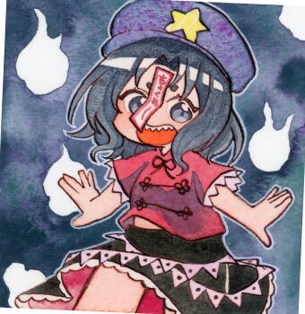 1girl black_eyes black_hair black_ribbon black_skirt chinese_clothes commentary_request cowboy_shot grey_background hat hat_ornament jiangshi looking_at_viewer miyako_yoshika neck_ribbon newsboy_cap ofuda open_mouth painting_(medium) pppppks purple_hat red_shirt ribbon sharp_teeth shirt short_hair short_sleeves skirt smile solo star_(symbol) star_hat_ornament tangzhuang teeth touhou traditional_media watercolor_(medium)