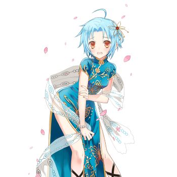 1girl aqua_dress blue_hair china_dress chinese_clothes dress embarrassed hair_ornament merueto orange_eyes sapphire_(uchihime) short_hair side_slit uchi_no_hime-sama_ga_ichiban_kawaii