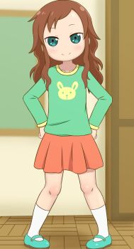 1girl absurdres blouse blue_shoes brown_hair forehead full_body green_eyes green_shirt hands_on_own_hips highres indoors kneehighs kobayashi-san_chi_no_maidragon long_hair mary_janes orange_skirt saikawa_riko samansa_ex shirt shoes skirt smile socks solo white_socks