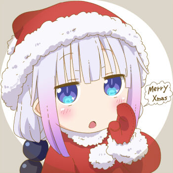 1girl beads blue_eyes blush brown_background close-up coat english_text gloves gradient_hair hair_beads hair_ornament hand_up hat kanna_kamui kobayashi-san_chi_no_maidragon long_sleeves merry_christmas multicolored_hair open_mouth purple_hair red_coat red_gloves red_hat samansa_ex santa_hat short_hair solo speech_bubble sphere_hair_ornament white_background white_hair