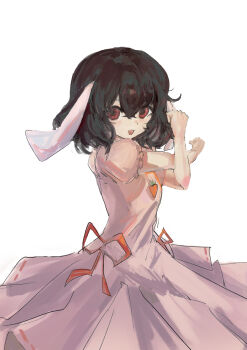 1girl :3 :d absurdres animal_ears bare_arms black_hair commentary crossed_arms dress frilled_sleeves frills hair_between_eyes highres inaba_tewi looking_at_viewer lop_rabbit_ears medium_hair open_mouth pink_dress puffy_short_sleeves puffy_sleeves rabbit_ears rabbit_girl red_eyes short_sleeves simple_background smile solo stretching touhou white_background zyklon_(uzwp3488)