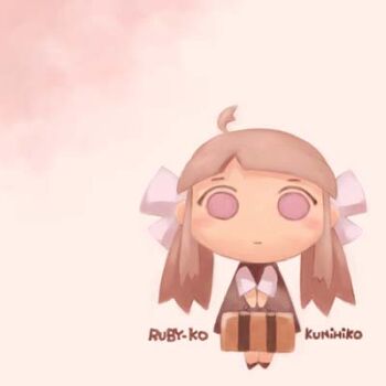 1girl ahoge archived_source artist_name black_dress black_shoes blunt_bangs blush bow briefcase brown_bag chibi chibi_only closed_mouth commentary dress english_commentary english_text expressionless full_body hair_bow holding holding_briefcase legs_together long_hair long_sidelocks looking_at_viewer low_twintails lowres muted_color negative_space no_nose no_sclera original pale_color purple_eyes ruby-ko shoes short_sleeves sidelocks solo tanaka_kunihiko twintails white_bow white_sleeves