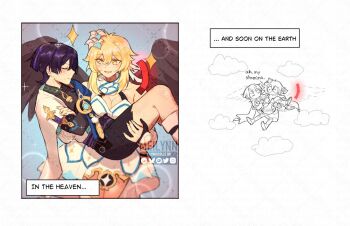 ._. 1boy 1girl artist_name bare_shoulders black_bodysuit black_bow black_bridal_gauntlets black_gloves black_shorts black_wings blonde_hair blue_flower blue_gemstone blue_trim bluesky_logo blunt_ends blush bodysuit bow breasts bridal_gauntlets carrying cleavage closed_eyes closed_mouth cloud cloudy_sky collarbone constricted_pupils crossed_arms dress english_text eyelashes feather_hair_ornament feathers fingernails flower flying furisode gameplay_mechanics gem genshin_impact gloves gold hair_between_eyes hair_flower hair_ornament hakama hakama_shorts halterneck hand_on_another&#039;s_back hand_on_another&#039;s_thigh hand_on_own_arm instagram_logo japanese_clothes kimono lumine_(genshin_impact) meilynn-hayakan multicolored_flower open_clothes open_kimono open_mouth partially_fingerless_gloves pom_pom_(clothes) princess_carry purple_hair purple_rope purple_sash rope sash scaramouche_(genshin_impact) scarf short_hair short_hair_with_long_locks shorts sidelocks sky smile sparkle sparkling_aura twitter_logo vambraces vision_(genshin_impact) wanderer_(genshin_impact) watermark watermark_grid white_background white_dress white_feathers white_flower white_kimono white_scarf white_sleeves wide-eyed wings yellow_eyes yellow_feathers