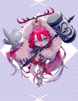 baobhan_sith_(fate) baobhan_sith_(swimsuit_pretender)_(first_ascension)_(fate) cernunnos_(fate) character_hood deformed fate/grand_order fate_(series) grey_eyes hammer highres looking_at_viewer navel one_eye_closed open_mouth pink_hair pink_skirt platform_heels shikuwata sidelocks skirt smile stuffed_animal stuffed_rabbit stuffed_toy