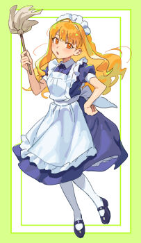 1girl alternate_costume apron black_shoes blonde_hair blush dress duster enmaided etrian_odyssey feather_duster full_body hand_on_own_hip highres long_hair maid maid_headdress mary_janes medium_dress mya-zawa orange_eyes pantyhose puffy_short_sleeves puffy_sleeves sekaiju_no_meikyuu sekaiju_no_meikyuu_3 shoes short_sleeves solo white_pantyhose zodiac_(sekaiju) zodiac_4_(sekaiju)