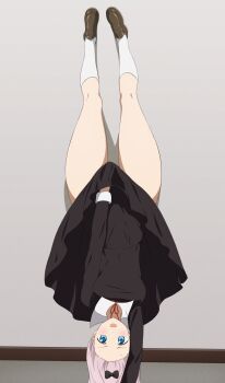 1girl black_dress black_ribbon blue_eyes blush breasts brown_footwear collared_dress coro_fae dress fujiwara_chika hair_ribbon handstand highres kaguya-sama_wa_kokurasetai_~tensai-tachi_no_renai_zunousen~ kneehighs long_hair long_sleeves looking_at_viewer lycoris_challenge_(meme) lycoris_recoil medium_breasts meme open_mouth parody pink_hair pleated_dress ribbon scene_reference school_uniform shuuchiin_academy_school_uniform socks thick_thighs thighs upside-down white_socks