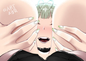 Rule 34 | 1girl, ahoge, arata x3q, artist name, black bow, blush, bow, breasts, breasts out, facing down, facing viewer, from below, goddess of victory: nikke, grabbing own breast, green eyes, green nails, large breasts, nail polish, nipples out of frame, open mouth, out-of-frame censoring, playboy bunny, smile, soda (nikke), solo, view between breasts