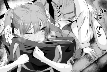 1boy 1girl 2.5_jigen_no_ririsa ass bag blush clothes_lift couch greyscale hair_between_eyes long_sleeves monochrome necktie one_eye_closed open_mouth panties prone_bone school_uniform sex sex_from_behind sidelocks skirt skirt_lift speech tachibana_mikari thong translation_request twintails underwear vaginal void_(k-t-m-777) void_(pixiv)