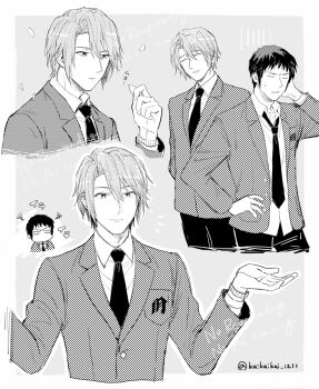 Rule 34 | 2boys, artist name, blazer, border, breast pocket, closed eyes, closed mouth, collared shirt, greyscale, hand on own hip, hands up, highres, jacket, kaikaikai 1211, kita high school uniform, koizumi itsuki, kyon, long sleeves, male focus, monochrome, multiple boys, open clothes, open jacket, pants, pocket, school emblem, school uniform, shirt, short hair, smile, suzumiya haruhi no yuuutsu, twitter username, watermark, white border, winter uniform