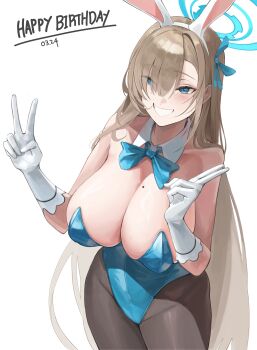 1girl absurdres animal_ear_hairband animal_ears asuna_(blue_archive) asuna_(bunny)_(blue_archive) bare_shoulders black_pantyhose blonde_hair blue_archive blue_bow blue_bowtie blue_eyes blue_halo blue_leotard bow bowtie breasts cleavage commentary_request detached_collar double_v fake_animal_ears gloves grin hair_over_one_eye hairband halo happy_birthday highres korean_commentary large_breasts leotard long_hair mole mole_on_breast pantyhose playboy_bunny rabbit_ear_hairband rabbit_ears revision sin-gen smile solo v very_long_hair white_gloves