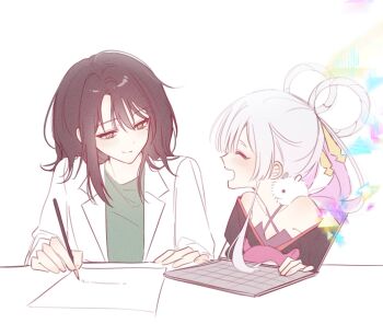 2girls bare_shoulders black_hair black_kimono cho_kaguya-hime! coat green_eyes hair_rings hashtag-only_commentary highres japanese_clothes kimono mole mole_under_eye multiple_girls open_clothes open_coat paper runami_yachiyo sakayori_iroha smile ssdx twintails white_background white_coat white_hair writing