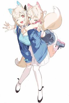 2girls absurdres animal_ears black_shoes blonde_hair blue_cardigan blue_eyes cardigan dog_ears dog_girl dog_tail fuwawa_abyssgard fuwawa_abyssgard_(casual) hand_up highres hololive hololive_english kneehighs long_hair mococo_abyssgard mococo_abyssgard_(casual) multicolored_hair multiple_girls official_alternate_costume one_eye_closed pako_(pakosun) pantyhose pink_eyes pleated_skirt shoes short_hair siblings simple_background sisters skirt socks tail two-tone_hair v virtual_youtuber white_background white_pantyhose white_skirt