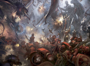 Rule 34 | 6+boys, adeptus astartes, alien, angel wings, armor, battle, blood, blood angrls, blood drip, chainsword, explosion, flying, full armor, full body, highres, holding, holding sword, holding weapon, lightning, male focus, multiple boys, pedronunez art, psyker, red armor, science fiction, stathe, sword, tyranid, war, warhammer 40k, weapon, wings
