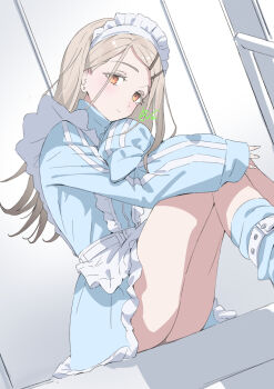 1girl apron belt blonde_hair blue_leg_warmers blue_skirt closed_mouth colored_eyelashes commentary_request earrings ev_(dai00888) feet_out_of_frame flipped_hair frilled_apron frilled_skirt frills from_side gakuen_idolmaster gradient_hair grey_hair hair_ornament hairclip highres idolmaster jacket jersey_maid jewelry knees_up leg_belt leg_warmers long_hair long_sleeves looking_at_viewer maid maid_apron maid_headdress multicolored_hair orange_eyes parallel_hairclips parted_bangs shinosawa_hiro signature sitting skirt sleeves_past_wrists smile solo stud_earrings track_jacket turtleneck turtleneck_jacket unconventional_maid upskirt waist_apron white_apron white_belt white_headdress