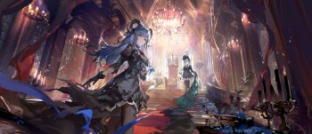 Rule 34 | 2girls, absurdres, animal ears, arknights, bang dream!, bang dream! it's mygo!!!!!, black bonnet, black dress, black gloves, black ribbon, black thighhighs, blue hair, bonnet, candle, candlestand, chandelier, commentary, curled horns, dress, elbow gloves, gloves, green hair, hair ribbon, highres, horns, indoors, juliet sleeves, long sleeves, looking at viewer, multiple girls, on stairs, puffy sleeves, rabbit ears, red carpet, ribbon, standing, untranslatable commentary, thighhighs, throne, togawa sakiko, togawa sakiko (master of melodia), vase, wakaba mutsumi, wakaba mutsumi (marionette's id), yellow eyes, zombie ke