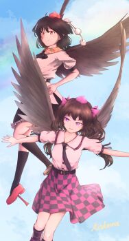 Rule 34 | 2girls, artist name, bird wings, black hair, black necktie, black skirt, black socks, black wings, blue sky, brown hair, checkered clothes, checkered skirt, closed mouth, cloud, collared shirt, commentary request, day, feathered wings, frilled shirt collar, frilled skirt, frills, full body, geta, hat, highres, himekaidou hatate, kakera (comona base), kneehighs, long hair, looking at viewer, multiple girls, necktie, open mouth, pink hat, pink skirt, puffy short sleeves, puffy sleeves, rainbow, red eyes, red hat, red shoes, shameimaru aya, shirt, shoes, short sleeves, skirt, sky, smile, socks, spread legs, tengu-geta, tokin hat, touhou, twintails, two-tone skirt, white shirt, wings