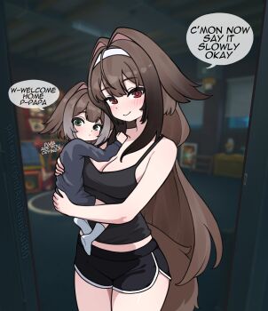 2girls absurdres alternate_costume arutemisu180 bare_shoulders black_shirt black_shorts black_tank_top blurry blurry_background blush breasts brown_hair brown_tail carrying child child_carry cleavage closed_mouth collarbone commentary cowboy_shot dolphin_shorts doorway droopy_ears english_commentary english_text game_screenshot_background green_eyes hair_intakes hairband highres if_they_mated large_breasts long_hair looking_at_viewer mother_and_daughter multiple_girls patreon_username pov_doorway red_eyes screenshot_background shirt shorts smile socks speech_bubble tail tank_top white_hairband white_socks ye_shunguang zenless_zone_zero