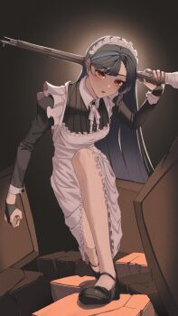 1girl absurdres apron black_dress black_gloves black_hair black_shoes blue_hair blush breasts dress fingerless_gloves frilled_apron frills full_body gloves greeen_891 gun high_heels highres holding holding_gun holding_weapon lilpa long_hair long_sleeves looking_at_viewer maid maid_apron maid_headdress mole mole_under_eye multicolored_hair neck_ribbon on_one_knee open_mouth orange_eyes over_shoulder pantyhose parted_lips puffy_sleeves ribbon rifle shoes shotgun solo streaked_hair very_long_hair virtual_youtuber waktaverse weapon weapon_over_shoulder white_apron white_ribbon