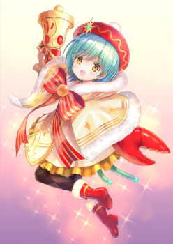 Rule 34 | 1girl, bungo yayoi, christmas, crab claw, fur trim, goto p, green hair, hat, heaven burns red, highres, open mouth, santa costume, short hair, solo, yellow eyes