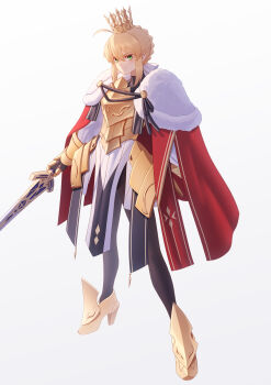 1girl absurdres ahoge armor artoria_pendragon_(fate) blonde_hair breastplate caliburn_(fate) cape commentary_request crown fate/grand_order fate_(series) gauntlets gold_armor green_eyes highres holding holding_sword holding_weapon ka_ki_o lord_logres_(fate) lord_logres_(first_ascension)_(fate) red_cape solo sword weapon