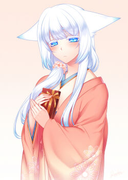 Rule 34 | 1girl, animal ears, blue eyes, colored eyelashes, female focus, fox ears, inari, japanese clothes, kimono, konshin, long hair, orie mishiro, original, solo, white hair