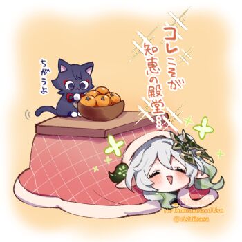 1girl animalization blush bowl cat closed_eyes commentary_request eyelashes feathers food fruit genshin_impact gradient_hair green_hair hair_between_eyes hair_ornament heart heart_hair_ornament kotatsu leaf leaf_hair_ornament long_hair mandarin_orange multicolored_hair nahida_(genshin_impact) oishii_sasa open_mouth pointy_ears pom_pom_(clothes) purple_cat satisfied scaramouche_(cat)_(genshin_impact) scaramouche_(genshin_impact) side_ponytail sidelocks simple_background string table translation_request triangle_mouth twitter_username under_kotatsu under_table white_hair yellow_feathers