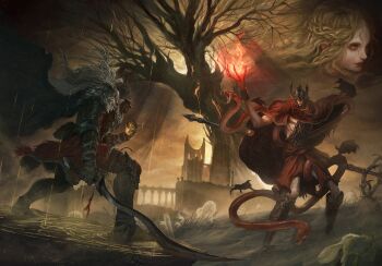 3boys alvarojh_art armor battle dark_cloud black_snake blonde_hair bloody_wolf_(elden_ring) braid breastplate cape castle closed_mouth commentary elden_ring elden_ring:_shadow_of_the_erdtree english_commentary fire full_armor fur_cape helm helmet highres holding holding_sword holding_weapon long_hair messmer_the_impaler miquella_(elden_ring) multiple_boys multiple_braids one_eye_closed ornate ornate_armor plume polearm pyrokinesis red_hair red_robe red_snake robe scadutree_(elden_ring) scale_armor shoulder_armor single_vambrace snake spear sword tarnished_(elden_ring) vambraces weapon white_hair winged_helmet wings yellow_eyes