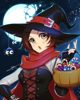 1girl :o black_corset black_gloves black_hat blush broken_moon brown_hair bucket buckle bug candy candy_cane cape commentary corset english_commentary eyelashes food gloves gradient_hair grey_eyes halloween halloween_bucket hat highres holding holding_bucket moon multicolored_hair night night_sky open_mouth red_cape red_hair ruby_rose rwby short_hair signature sky solo spider star_(symbol) uyalago witch_hat wrapped_candy