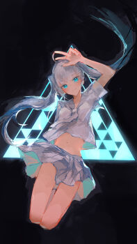 1girl absurdres aqua_eyes black_background blue_hair breasts character_request commentary_request highres ichika_(ichika87) jumping long_hair looking_at_viewer original shirt simple_background skirt small_breasts smile twintails v white_hair white_shirt