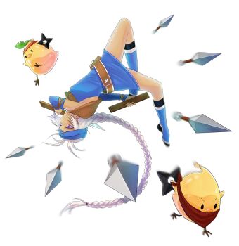 1girl alpha_transparency bandana belt belt_pouch bird black_eyes black_socks blue_boots blue_dress blue_headband blue_sleeves boots bow braid braided_ponytail breasts brown_belt brown_capelet capelet cloudwinter_9 dark-skinned_female dark_skin detached_sleeves dress full_body grey_hair hair_bow hair_tie headband holding holding_sheath holding_shuriken holding_weapon jellyppi knee_boots kneehighs kunai leaf leaf_jellyppi long_hair loose_belt low-braided_long_hair low-tied_long_hair medium_breasts midair motion_blur nayatrei nexon open_mouth pouch purple_eyes red_bandana red_headband second-party_source sheath short_dress shuriken simple_background single_braid sleeveless sleeveless_dress slime_(creature) socks solid_oval_eyes tales_weaver transparent_background unsheathing upside-down v-shaped_eyebrows weapon yellow_bird