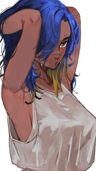 1girl absurdres alternate_costume armpits arms_behind_head blush breasts brown_eyes brown_lips dark-skinned_female dark_skin feiyuu from_side hair_down highres medium_breasts neon_(valorant) pursed_lips shirt simple_background sleeveless sleeveless_shirt solo sweat tank_top twitter_username upper_body valorant wet white_background white_tank_top