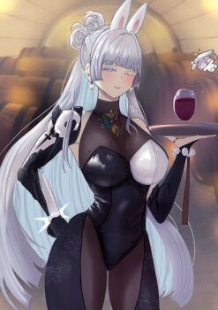 2girls ;) adapted_costume animal_ears black_leotard black_pantyhose blue_eyes breasts bridal_gauntlets colored_eyelashes commentary_request cup drinking_glass earrings goddess_of_victory:_nikke highres holding holding_plate jewelry large_breasts leotard long_hair mole mole_under_eye multiple_girls nayuta_(nikke) one_eye_closed pantyhose plate playboy_bunny rabbit_ears scarlet_(nikke) see-through_cleavage see-through_clothes smile very_long_hair white_eyelashes white_hair wine_glass yutolapin
